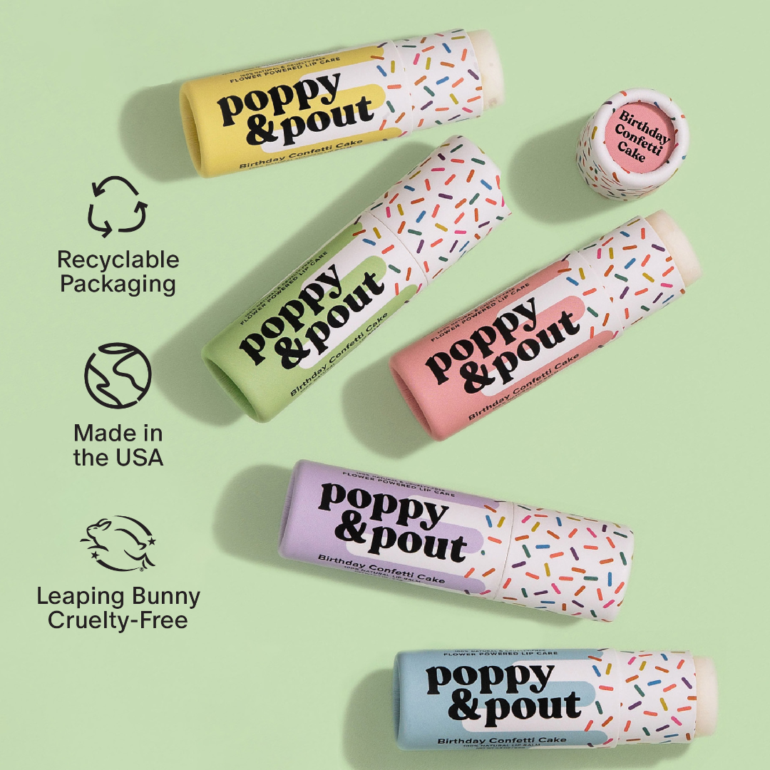 Poppy &amp; Pout product packaging on a light green background with icons indicating recyclable packaging, made in the USA, and cruelty-free.