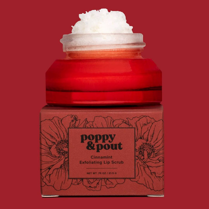 Lip Scrub, Cinnamint | Poppy & Pout | A red glass container with white lip scrub and a red box.