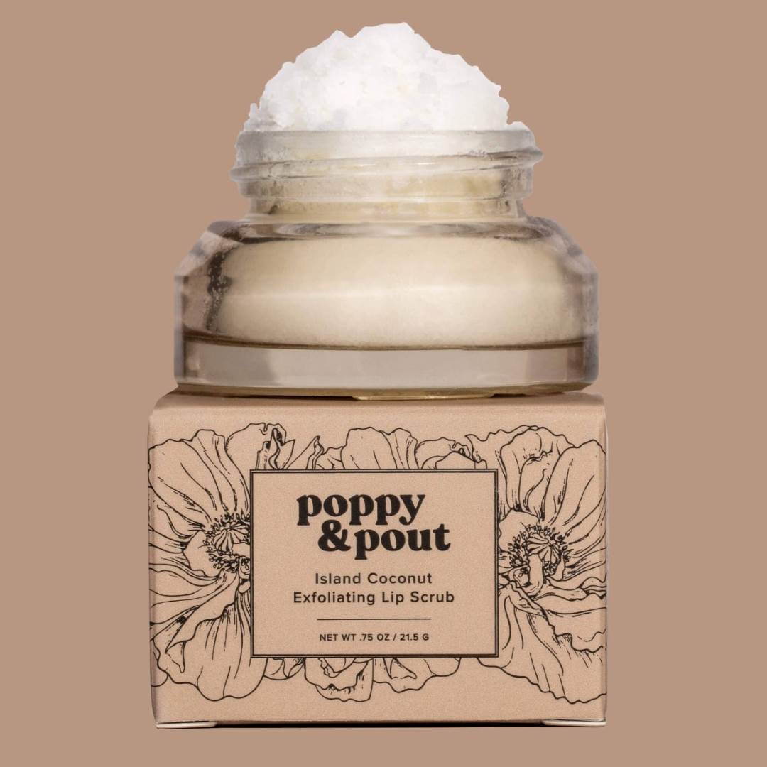 Lip Scrub, Island Coconut | Poppy & Pout | A clear glass container with a brown box.