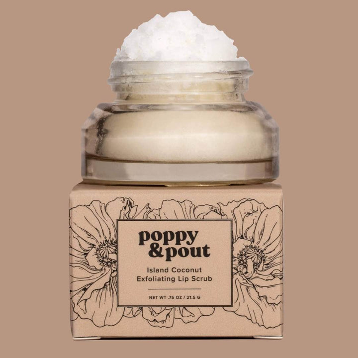 Lip Scrub, Island Coconut | Poppy & Pout | A clear glass container with a brown box.