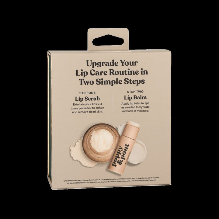 Lip Care Duo, Island Coconut | Poppy & Pout | Upgrade Your lip care routine in two simple steps, step one, lip scrub, exfoliate your lips 2-3 times per week to soften and remove dead skin. Step two, lip balm, apply lip balm to lips as needed to hydrate and lock in moisture.