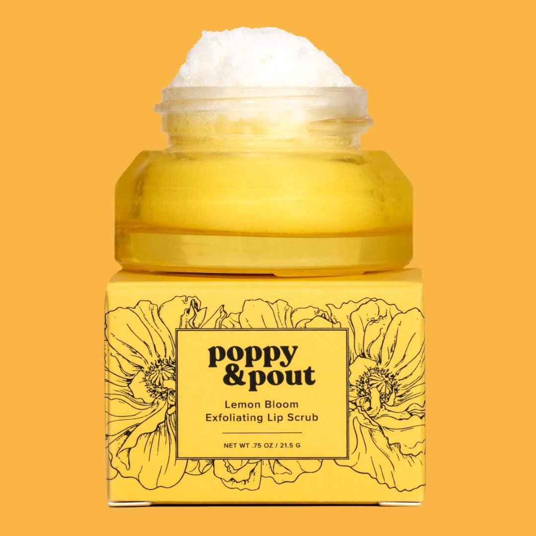 Poppy & Pout | Lip Scrub, Lemon Bloom | a yellow glass container with yellow packaging.