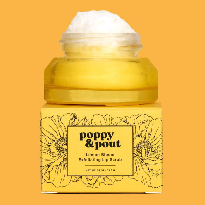 Poppy & Pout | Lip Scrub, Lemon Bloom | a yellow glass container with yellow packaging.