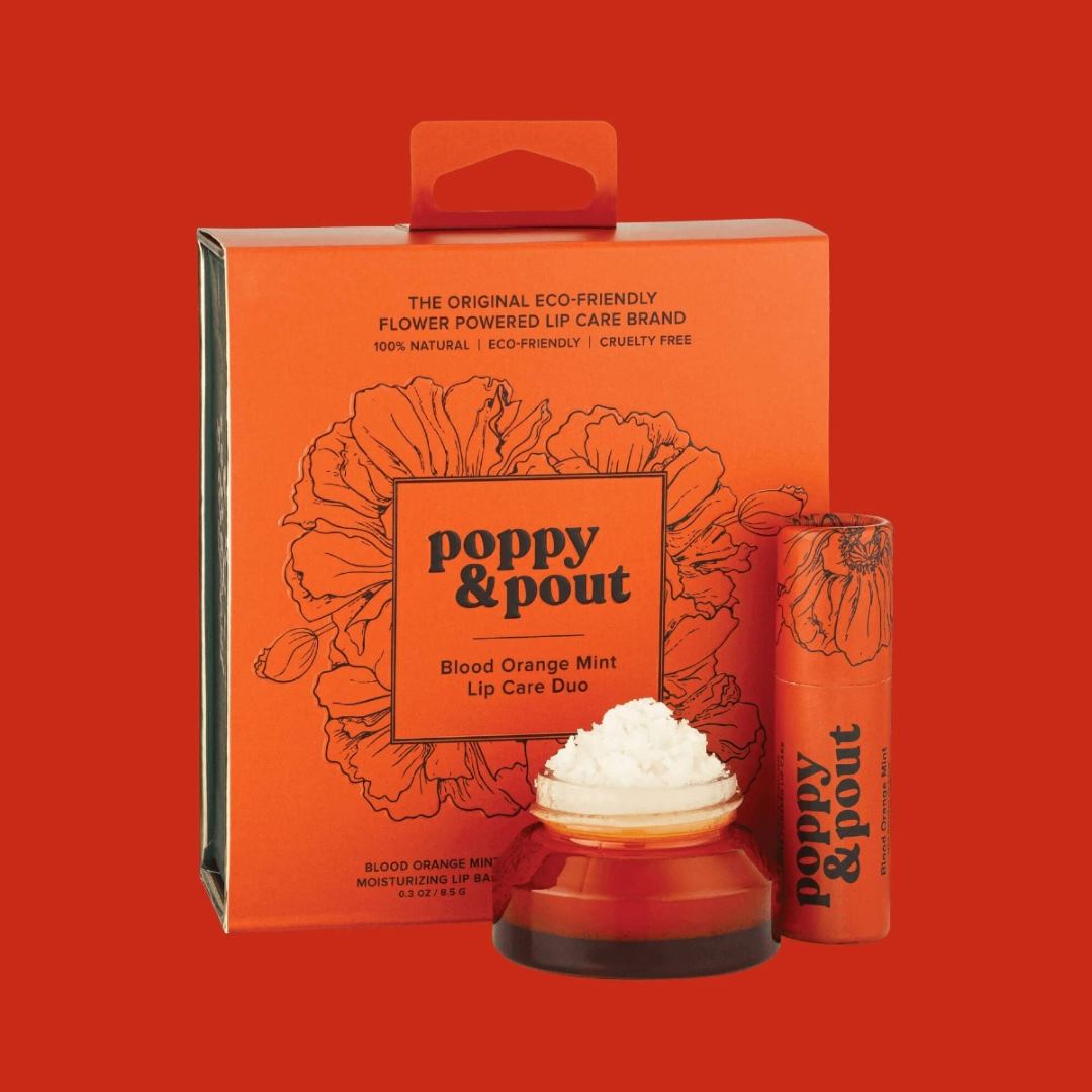 Poppy & Pout | Lip Care Duo, Blood Orange Mint | A red/orange box with a glass lip scrub and a lip balm.