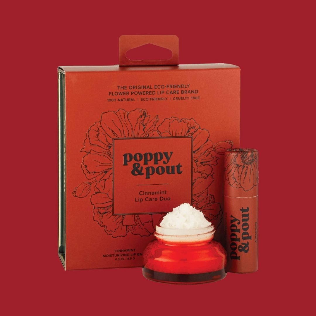 Poppy & Pout | Lip Care Duo, Cinnamint | A red box with a red glass container of lip scrub and a red lip balm.