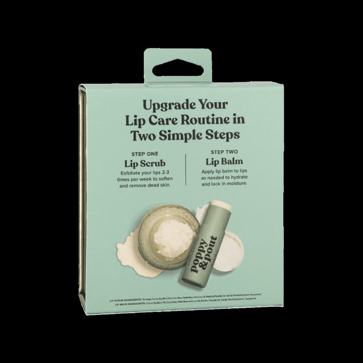 Poppy & Pout | Lip Care Duo, Sweet Mint | Reverse side of the box. Upgrade your lip care routine in two simple steps. Step one, lip scrub, exfoliate your lips 2-3 times per week to soften and remove dead skin. Step two, lip balm, apply lip balm to lips as needed to hydrate and lock in moisture.