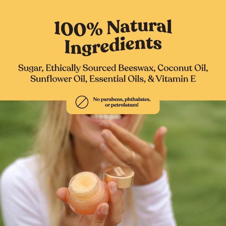 A graphic informing of the 100% natural ingredients, sugar, ethically sourced beeswax, coconut oil, sunflower oil, essential oils, & Vitamin E. No parabens, phthalates, or petrolatum!