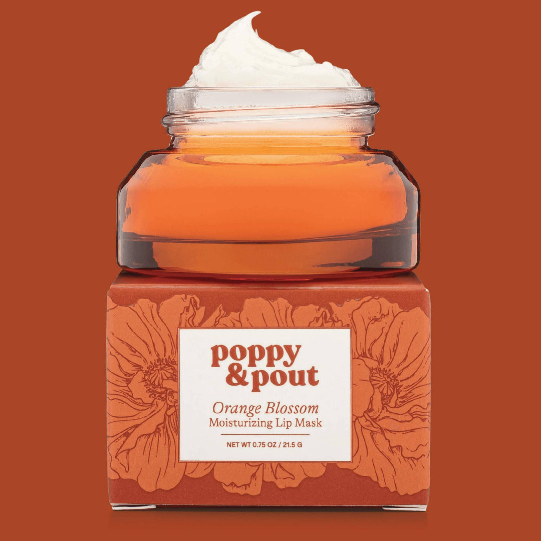 Poppy & Pout Orange Blossom Moisturizing Lip Mask on an orange background