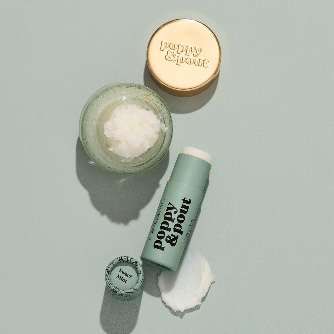 Poppy & Pout | Lip Care Duo, Sweet Mint | Lip scrub and lip balm examples.