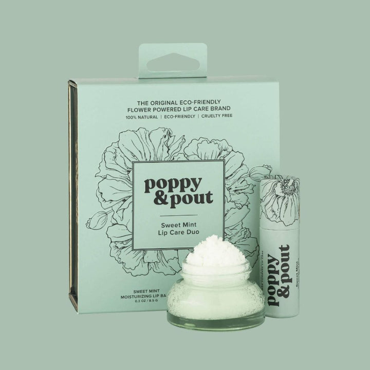 Poppy & Pout | Lip Care Duo, Sweet Mint | A mint green container with a clear glass lip scrub and a lip balm.