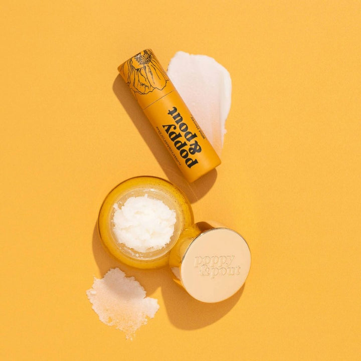 Poppy & Pout | Lip Care Duo, Wild Honey | Lip balm and lip scrub examples.