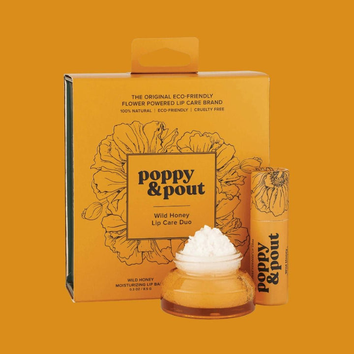 Poppy & Pout | Lip Care Duo, Wild Honey | A yellow package with lip scrub and lip balm.