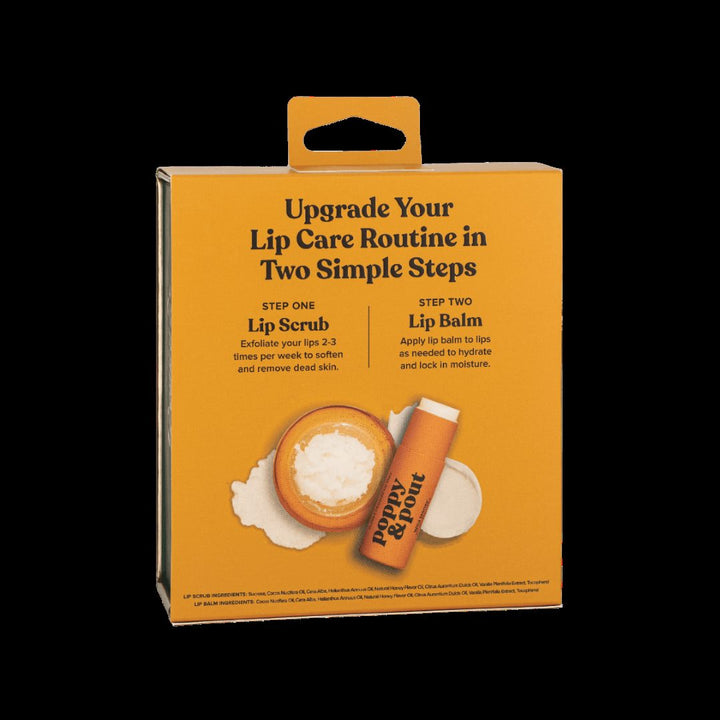 Poppy & Pout | Lip Care Duo, Wild Honey | Reverse side of the box. Upgrade your lip care routine in tow simple steps. Step one, lip scrub. Exfoliate your lips 2-3 times per week to soften and remove dead skin. Step 2, lip balm, apply lip balm to lips as needed to hydrate and lock in moisture.