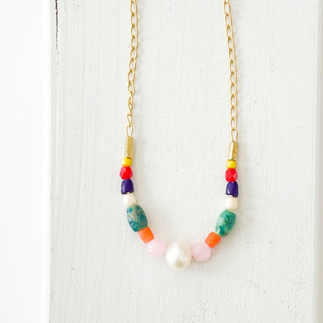 Nest Pretty Things | Dainty Red Bead and Turquoise Pearl Necklace | A gold chain with colorful beads.