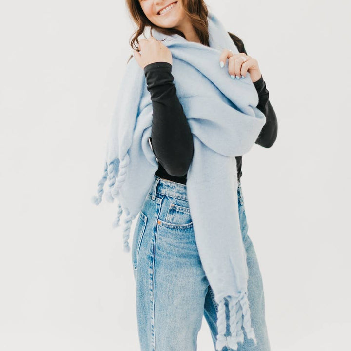 Pretty Simple | Seattle Days Fringe Scarf: Dusty Blue | Worn by a model for scale reference.