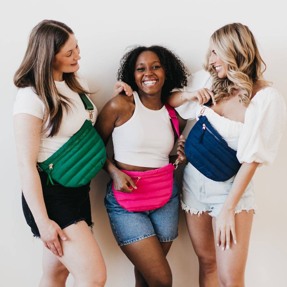 Pretty Simple | Jolie Puffer Belt Bag | Green, pink, and navy.