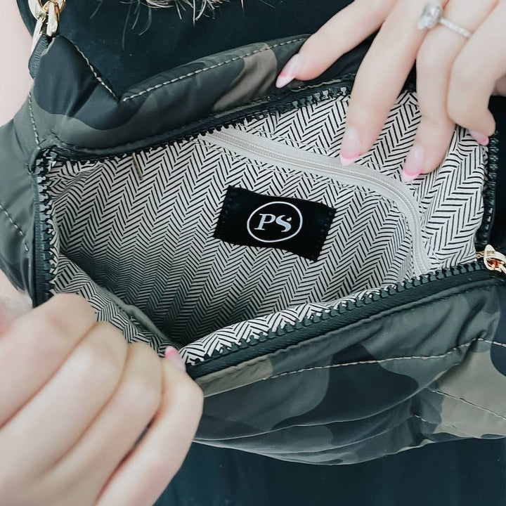 Pretty Simple | Jolie Puffer Belt Bag | Camo Interior.
