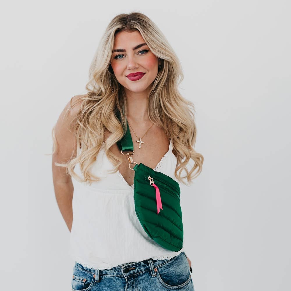 Pretty Simple | Jolie Puffer Belt Bag | Green with pink accents and gold hardware.