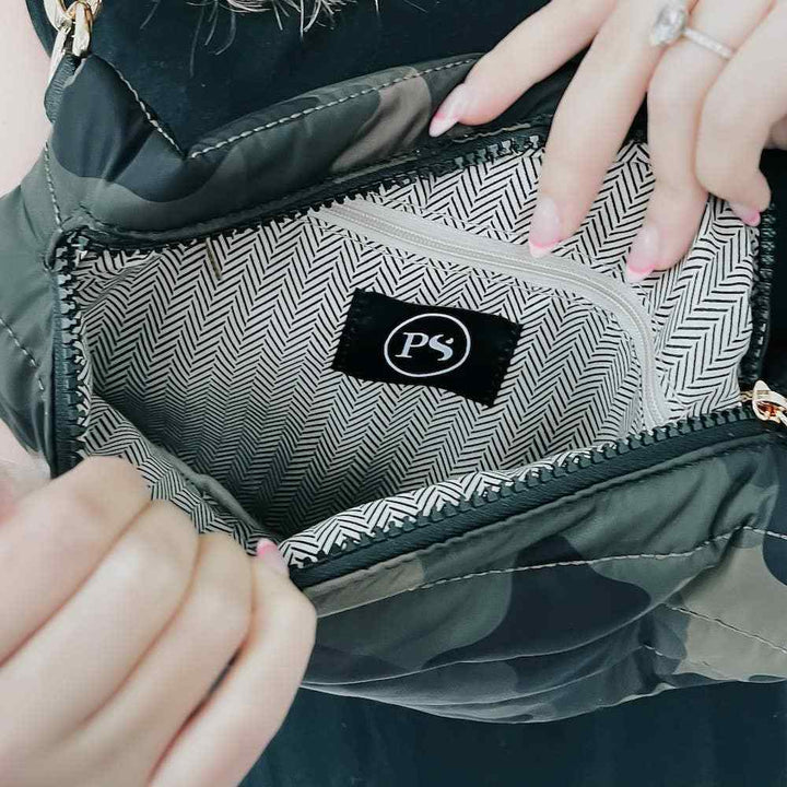 Pretty Simple | Jolly Puffer Belt Bag | Camo bag interior.