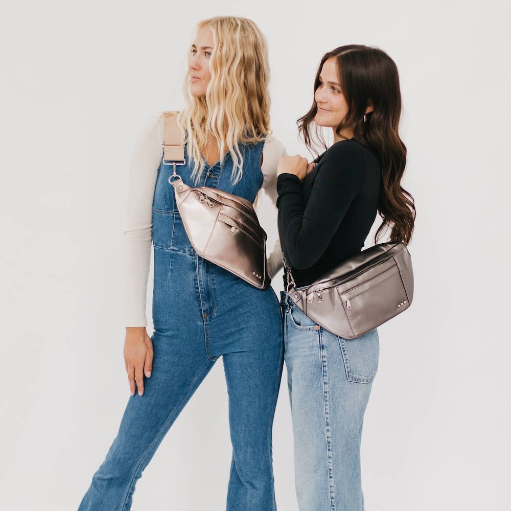 Pretty Simple | Marley Mechanic Oversized Bum Bag | Two models showing off the metallic bags.