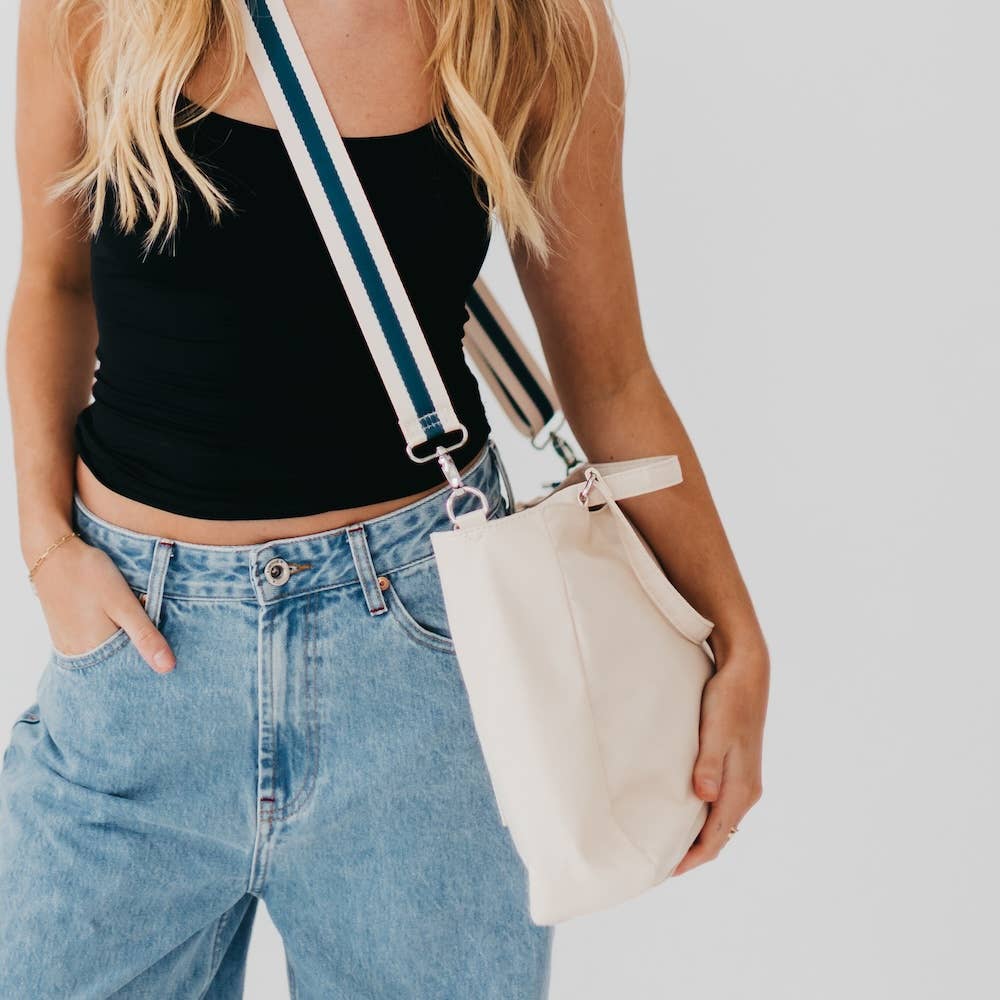 Pretty Simple | Nina Nylon Tote | Cream with rose gold hardware and a navy/black stripe in the crossbody strap.