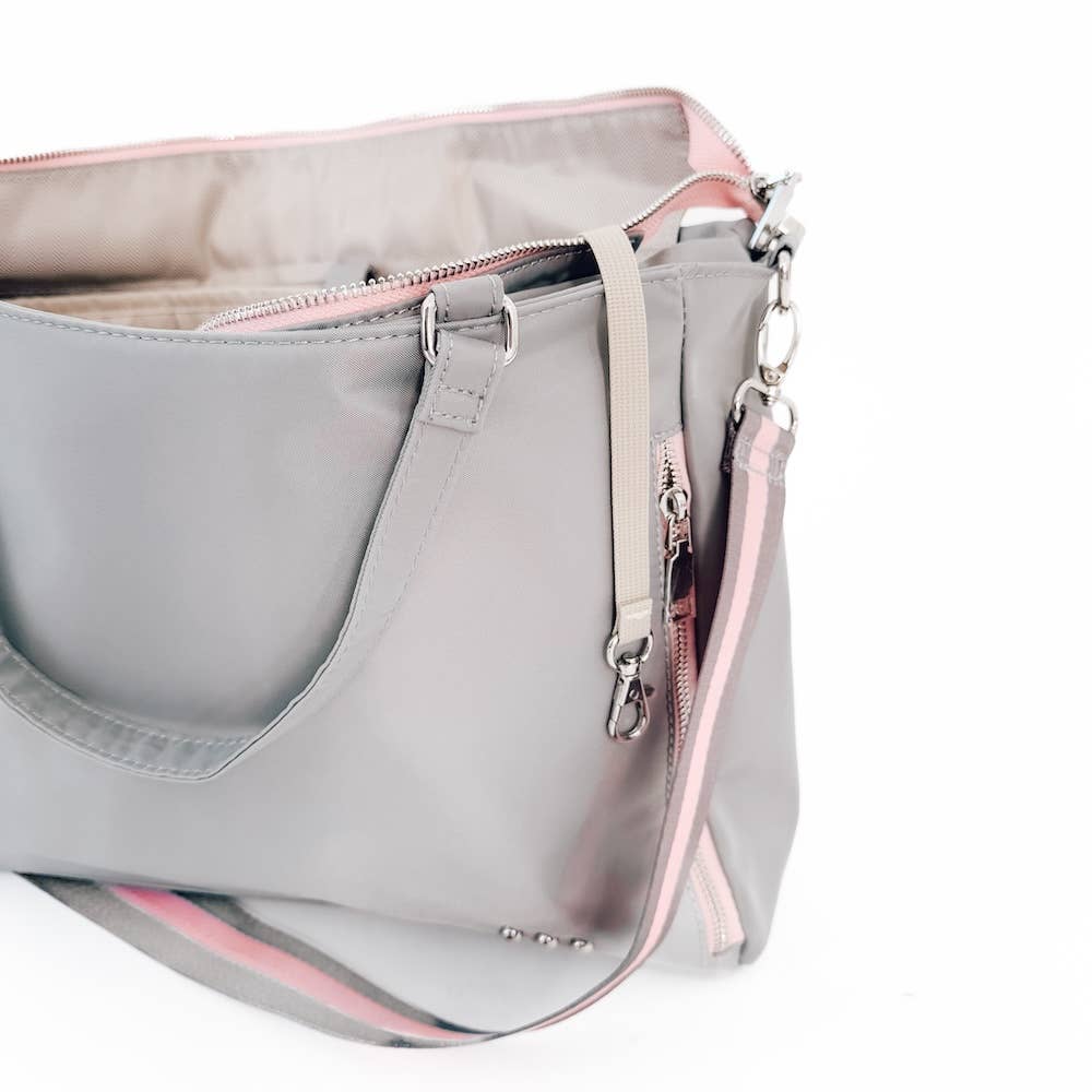 Pretty Simple | Nine Nylon Tote Bag | Details shot. Side pocket, handle, shoulder strap, and wallet clip.