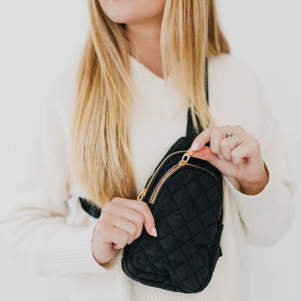 Pretty Simple | Penelope Puffer Bum Bag | Black with gold hardware.