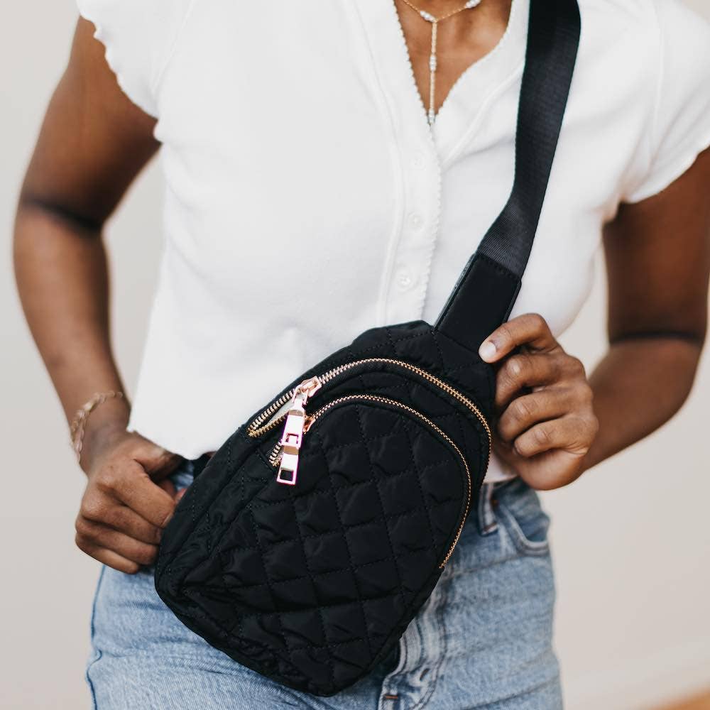 Pretty Simple | Penelope Puffer Bum Bag | Black with rose gold hardware.