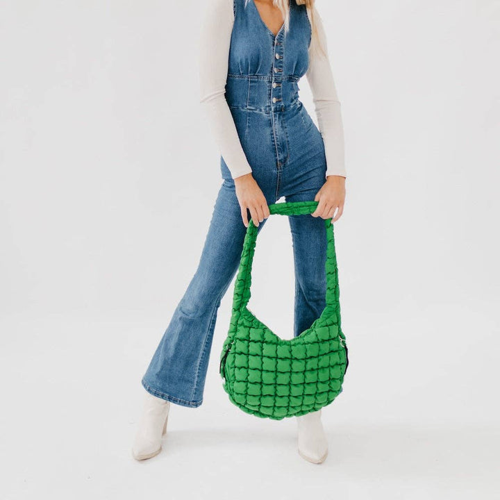 Pretty Simple | Carmen Quilted Hobo Tote Bag: Emerald | Zoomed out shot of the bag.