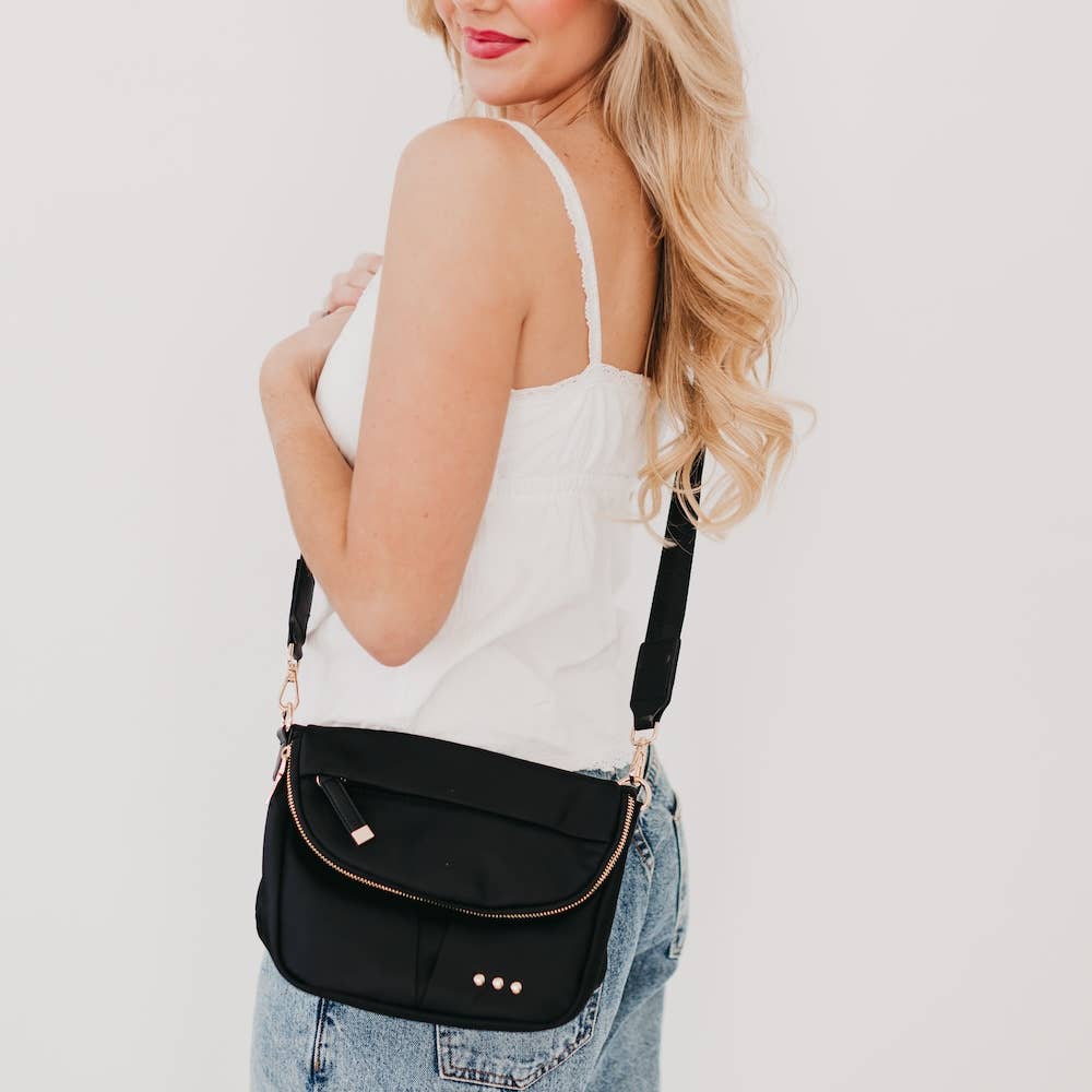 Pretty Simple | Tilly Crossbody Bag | Black with gold accents.