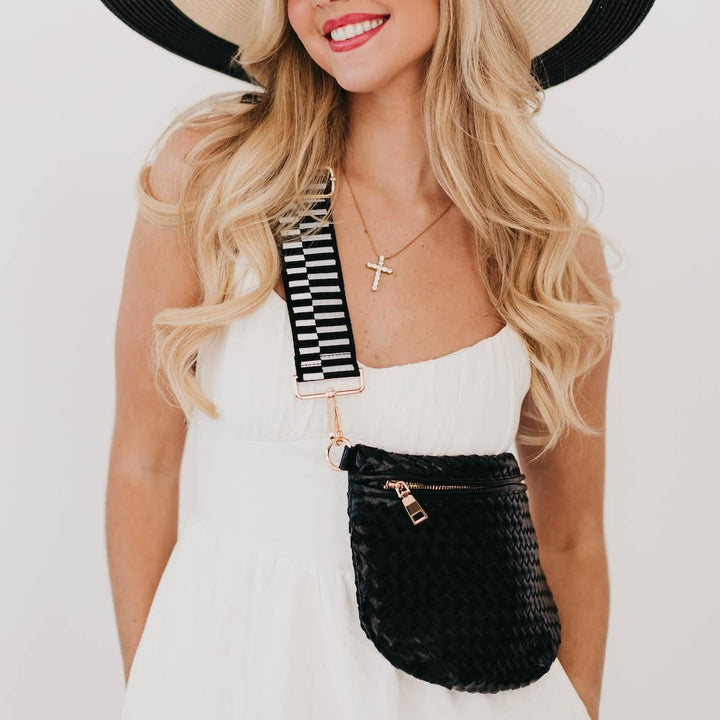 Pretty Simple | Westlyn Woven Bum Bag | Black with a black and white strap.