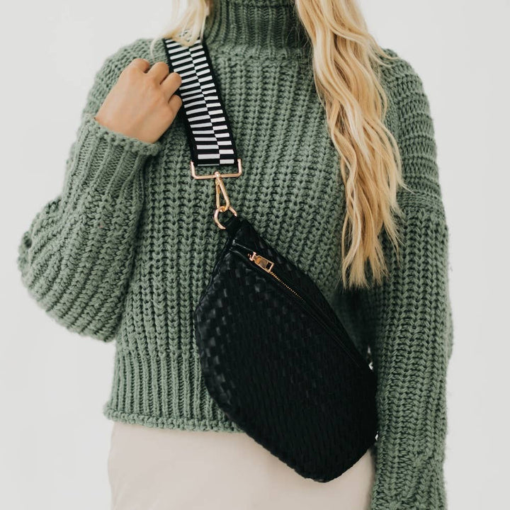Pretty Simple | Westlyn Woven Bum Bag | Black with black and white strap.