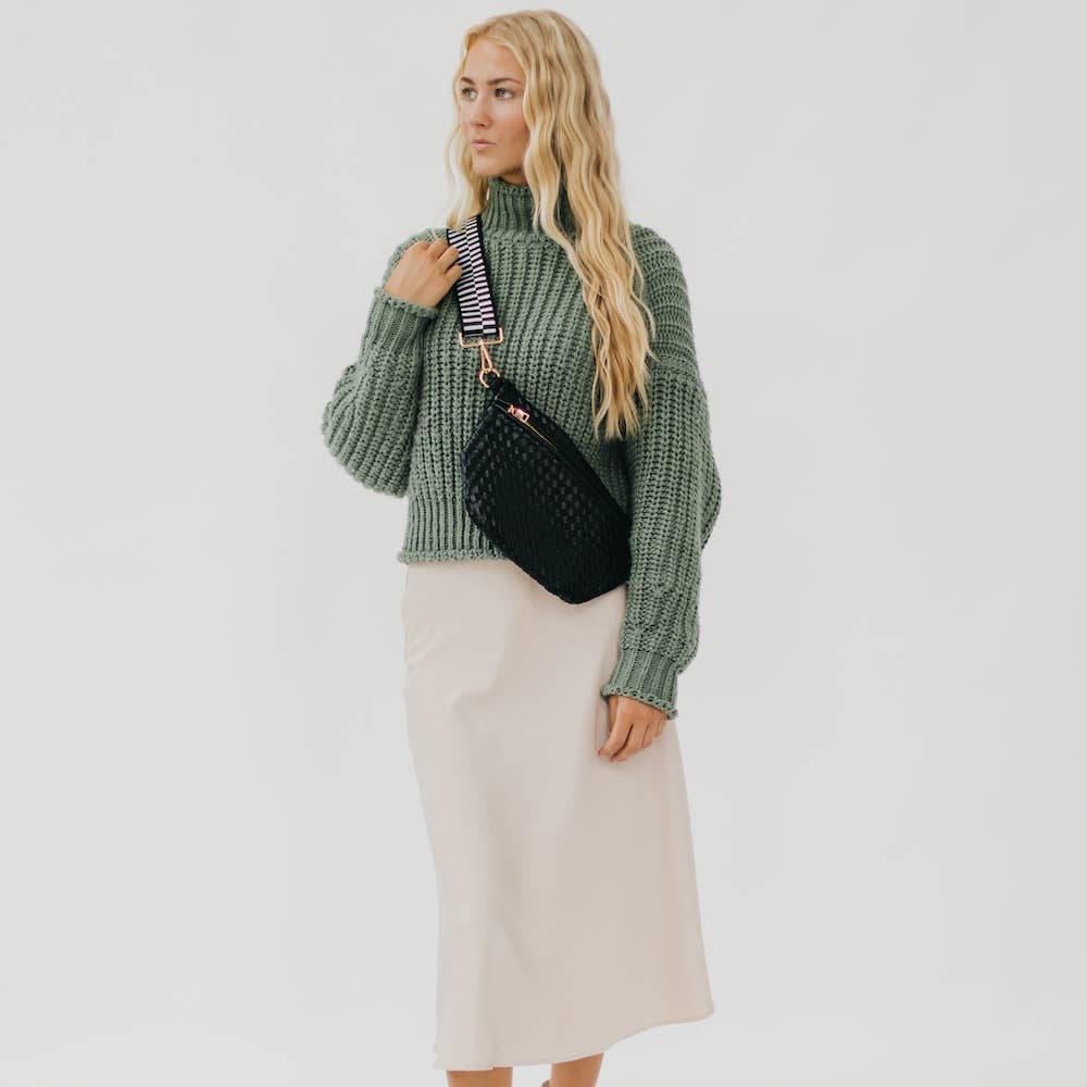 Pretty Simple | Westlyn Woven Bum Bag | Black with a black and white strap.