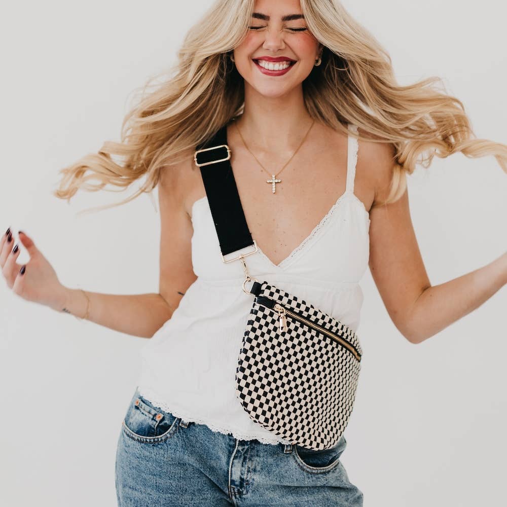 Pretty Simple | Westlyn Woven Bum Bag | Black and white checkered with gold hardware.
