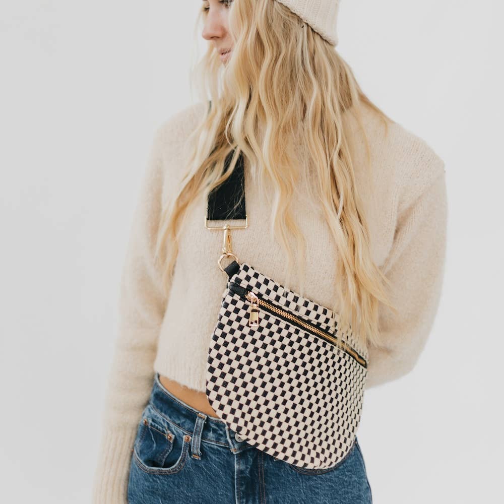 Pretty Simple | Westlyn Woven Bum Bag | Black and white checkered with gold hardware.