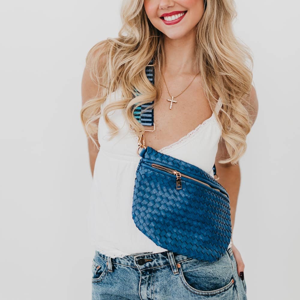 Pretty Simple | Westlyn Woven Bum Bag | Metallic blue with gold hardware.