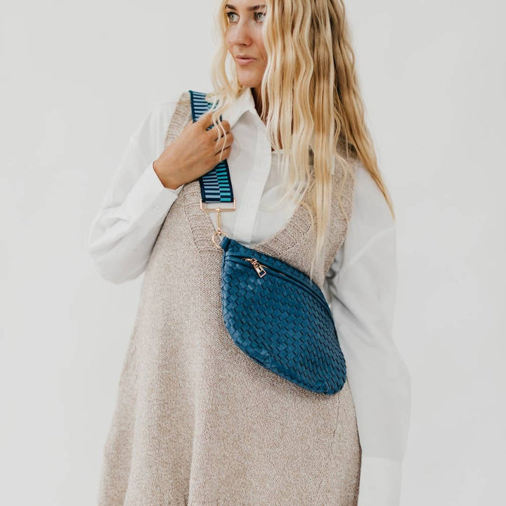 Pretty Simple | Westlyn Woven Bum Bag | Blue with a dark blue and light blue strap.