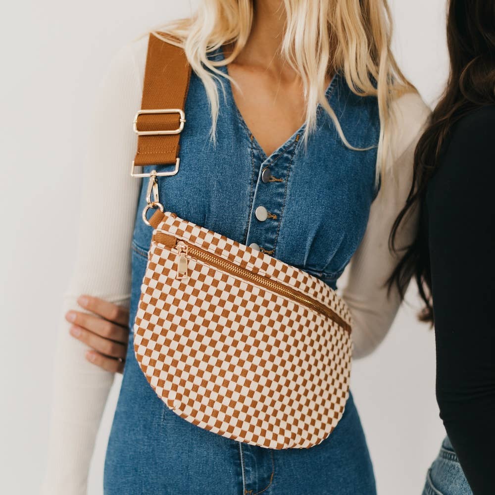 Pretty Simple | Westlyn Woven Bum Bag | Brown checkered with golden hardware.