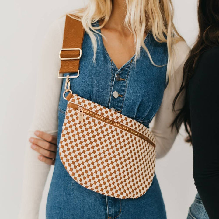 Pretty Simple | Westlyn Woven Bum Bag | Brown checkered with golden hardware.