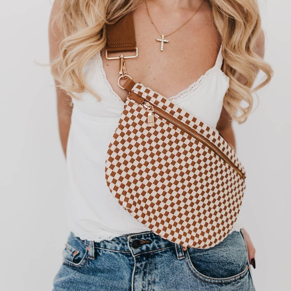 Pretty Simple | Westlyn Woven Bum Bag | Brown checkered bag.
