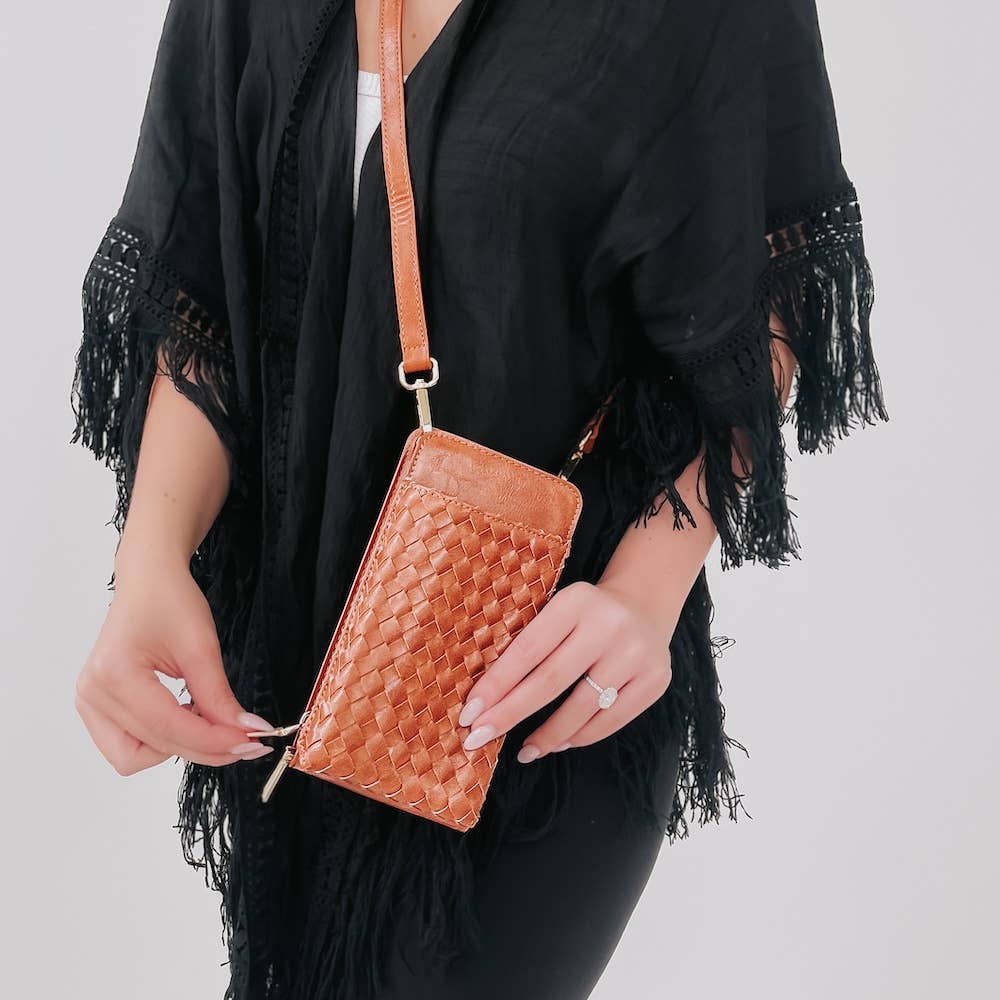 Pretty Simple | Woven Double Duty Phone Bag : Woven Brown Model using the side zipper.