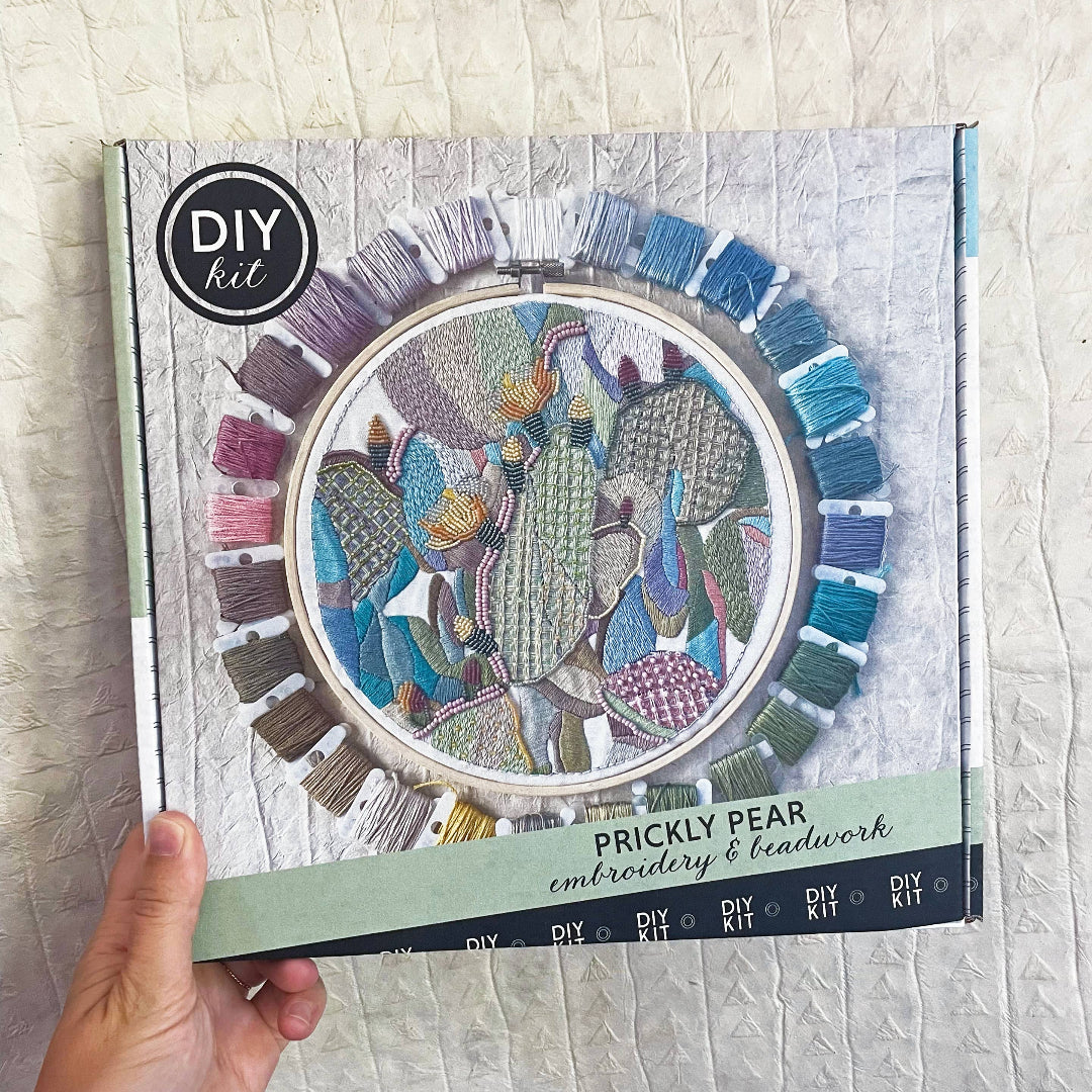 Embroidery kit packaging with colorful cactus design on a textured surface