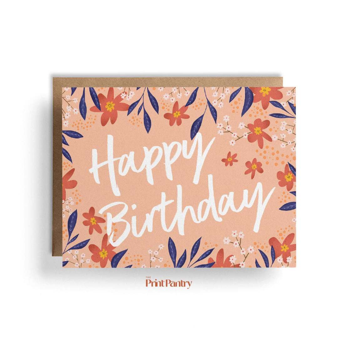 The Print Pantry | Birthday card with floral design and 'Happy Birthday' text on a white background