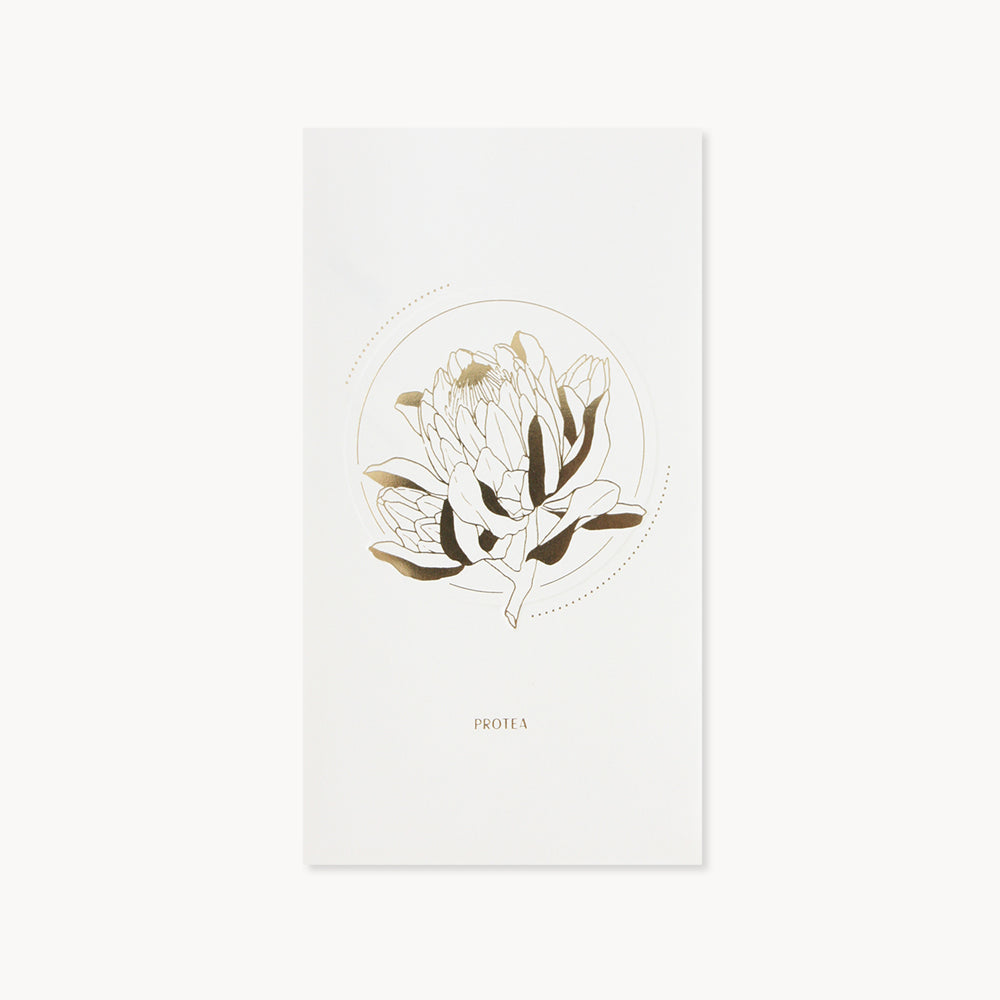 Protea Card | Greeting Card | UWP Luxe | A white card with gold foiled protea flower illustration and text that reads "Protea".