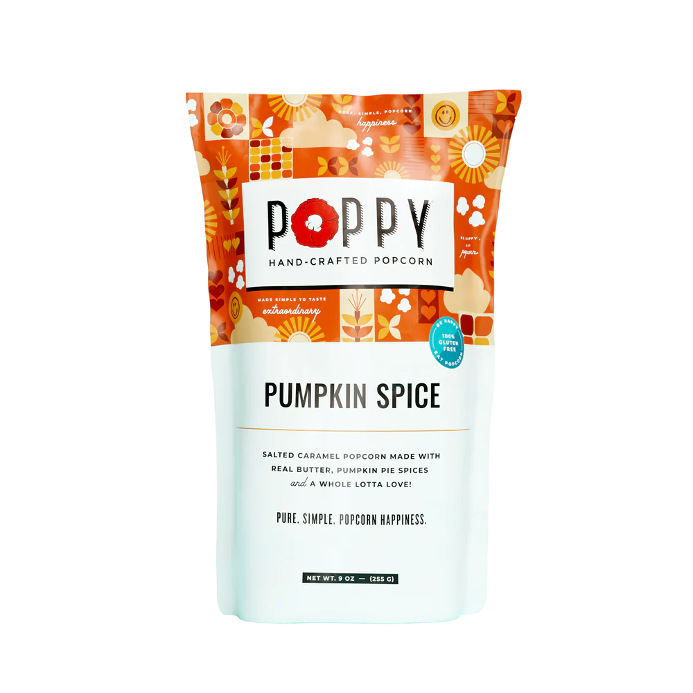 Poppy Hand-Crafted Popcorn | Fall Pumpkin Spice Popcorn | an orange and white seasonal bag.