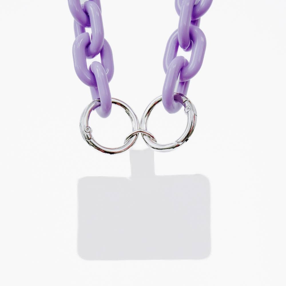 Close up on the wren wristlet acrylic phone chains strap in the color purple.