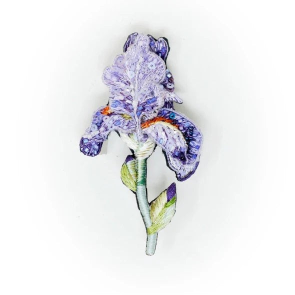 Trovelore | Purple Bearded Iris | Beaded and embroidered with sequins.