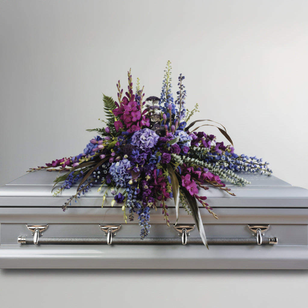 Floral arrangement on a casket against a gray background