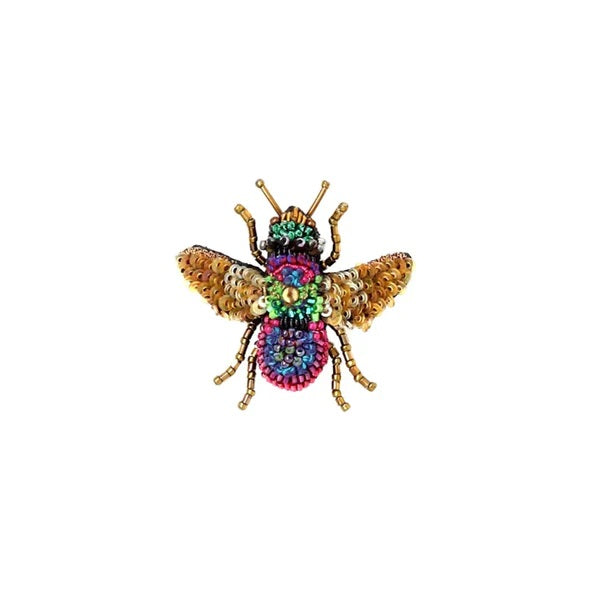 Trovelore | Rainbow Bee Brooch Pin | A colorful bee with golden wings, embroidered and beaded.