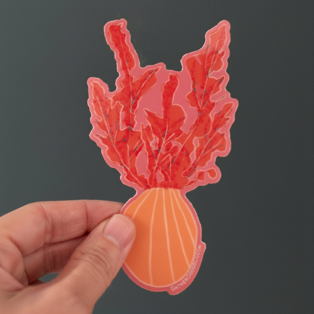 Hand holding a red coral and orange shell sticker against a dark background